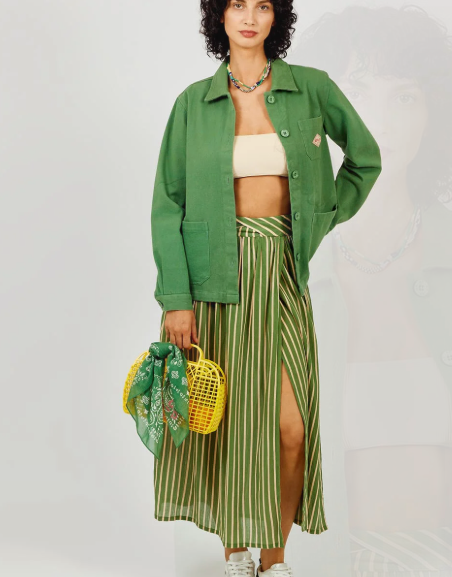 Jupe mi-longue à rayures fluo vert kaki A.P